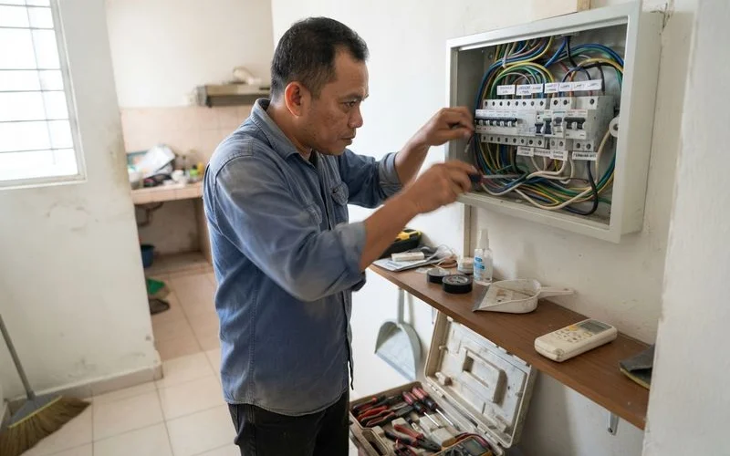 Electrician installing a dedicated circuit breaker in a home consumer unit before connecting a new air conditioner